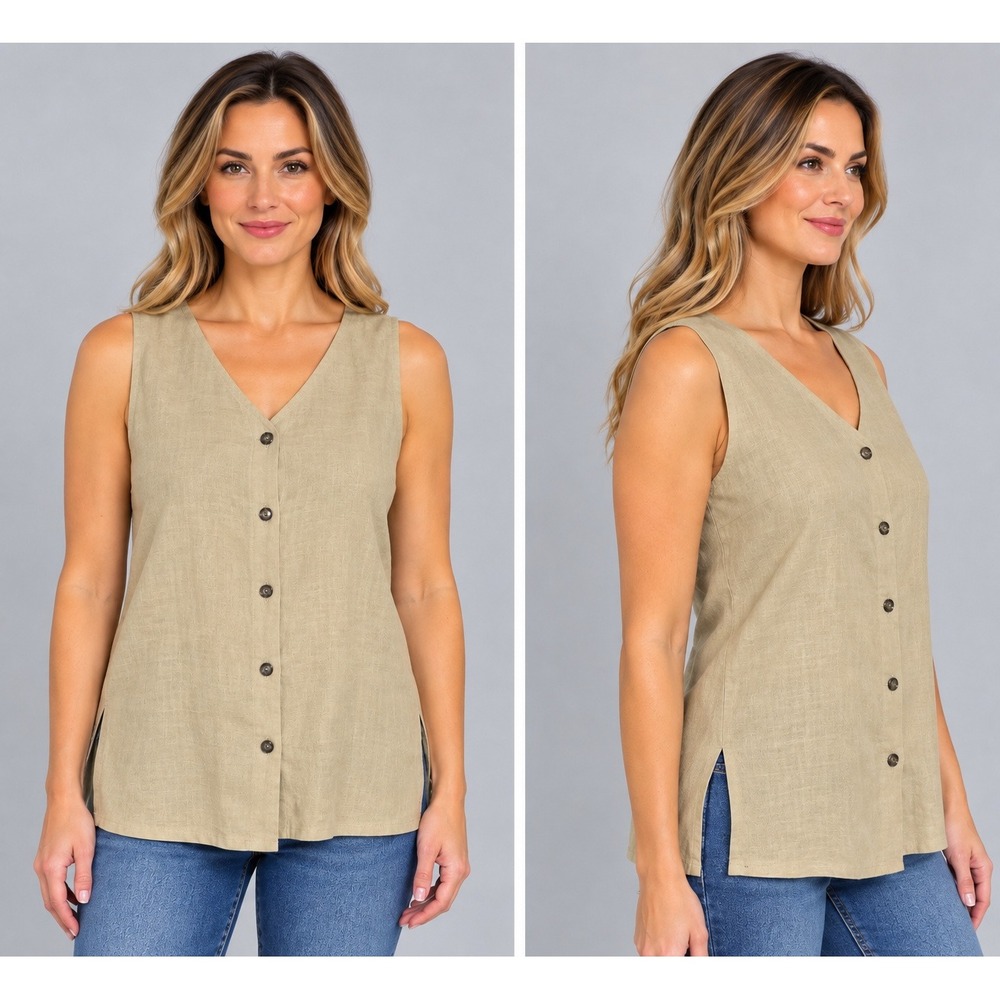 Valerie Stevens Womens 14 Tan Linen Sleeveless Button Front V-Neck Top Blouse